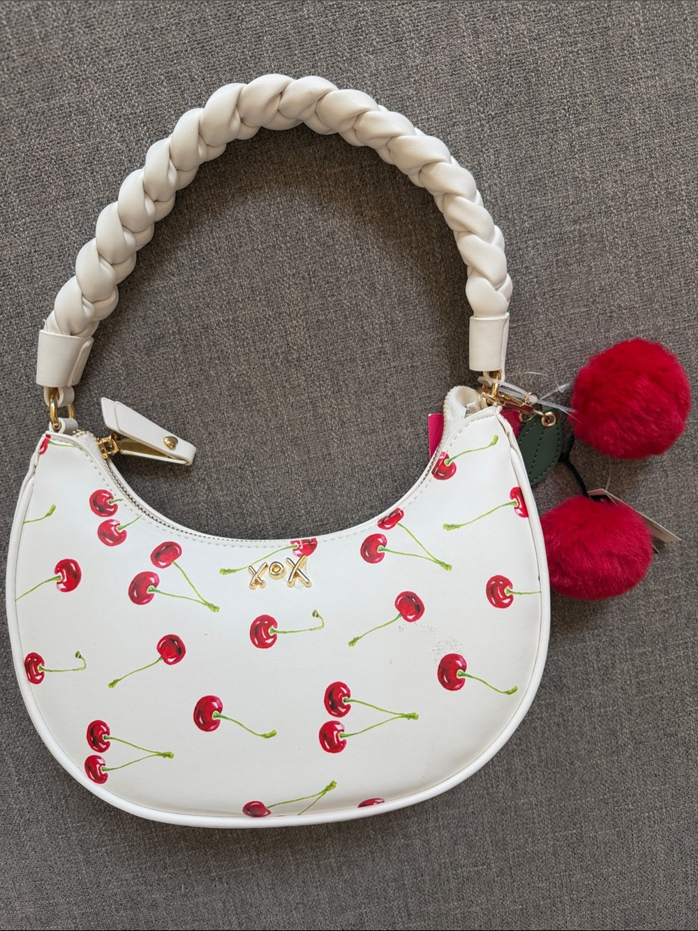 Betsey Johnson White Cherry purse Braided Handle Pom-Pom